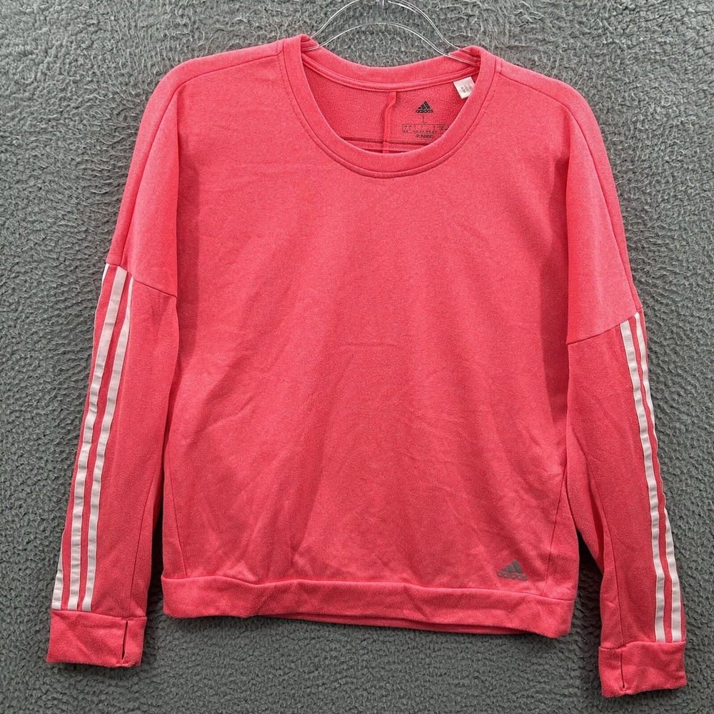 Adidas Sweatshirt Womens Large Pink 3 Stripes Energy Running Fleece Thumb Holes